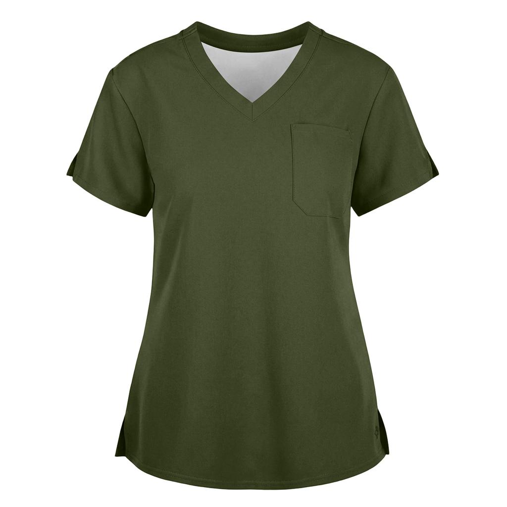 Women's Fashionable Loose-Fit Short-Sleeve V-Neck Workwear Blouse With Slit And Pockets