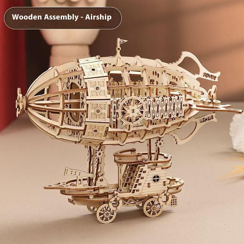 Diy Wooden 3D Puzzle Assembly Airship Mechanical Model Decompression Toy 3D Stereo Model Handmade Desktop Ornament Steam Toy
