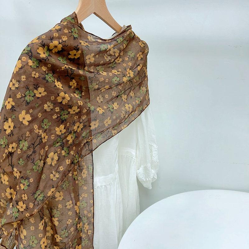 New Style Summer Lengthened Diamond Scarf Flower Printed Silk Sunscreen Scarf Irregular Shape Neck Shawl for Women