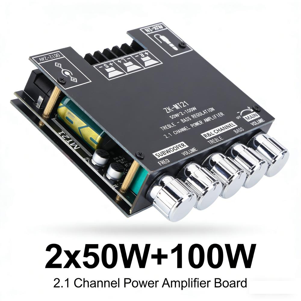 ZK-MT21 Bluetooth 5.0/AUX Dual-Input Amplifier Board 12V/24V Power Supply 2x50W+100W Subwoofer Amplifier Board