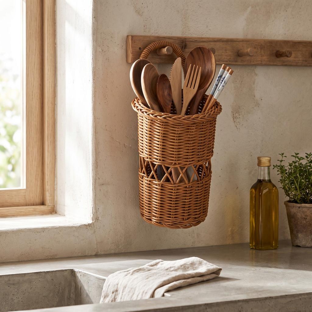 Handwoven Wall Hanging for Chopsticks, Cutlery, Toothbrush and Toothpaste, Kitchen and Bathroom Storage Holder