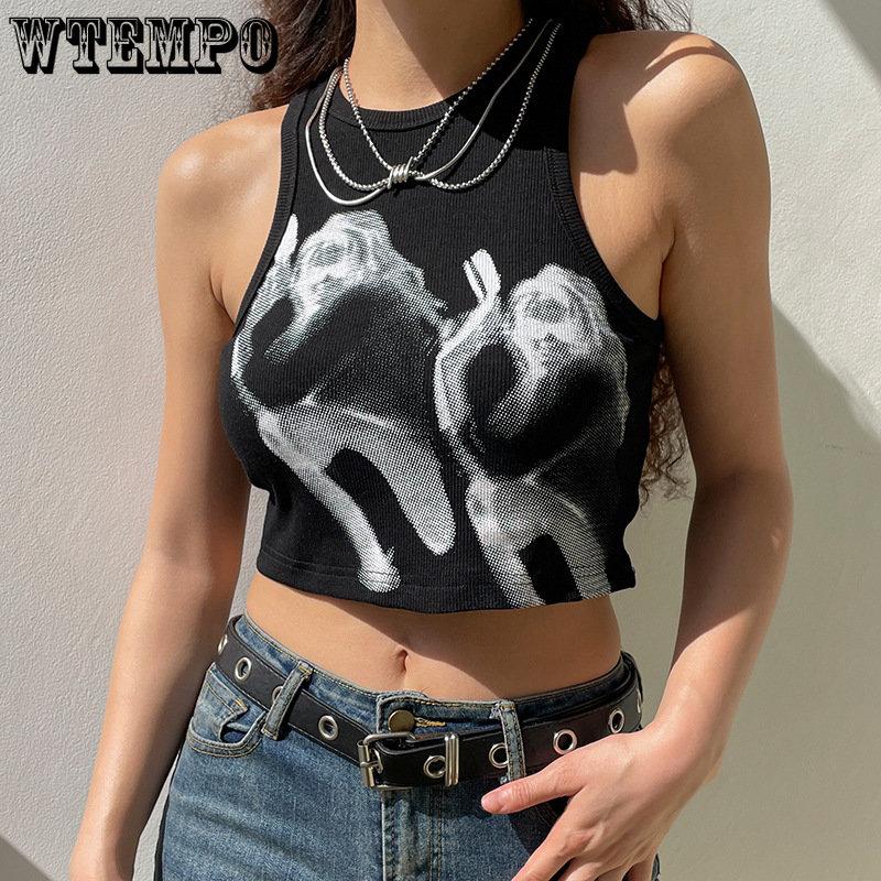 WTEMPO Sommer Damen Figur Bedruckte Rundhals Cropped Tops Mädchen Schwarz Braun Lässige Ärmellose Kurze Westen