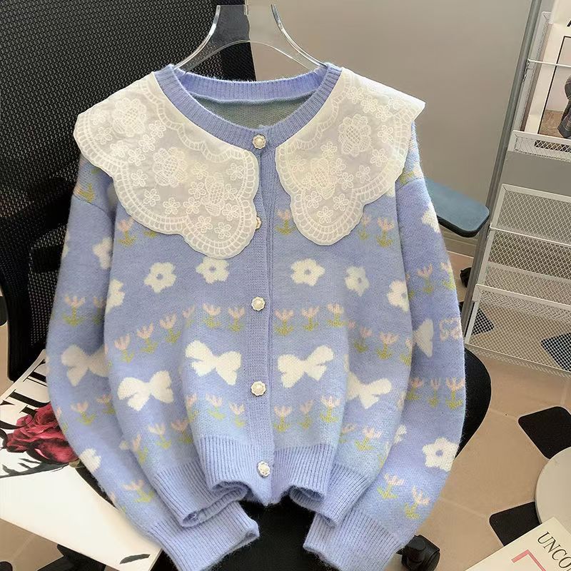 

Korean version of color matching lace doll collar knitted cardigan women s 2025 autumn and winter new sweet wind flower sweater jacket one size fits all синій