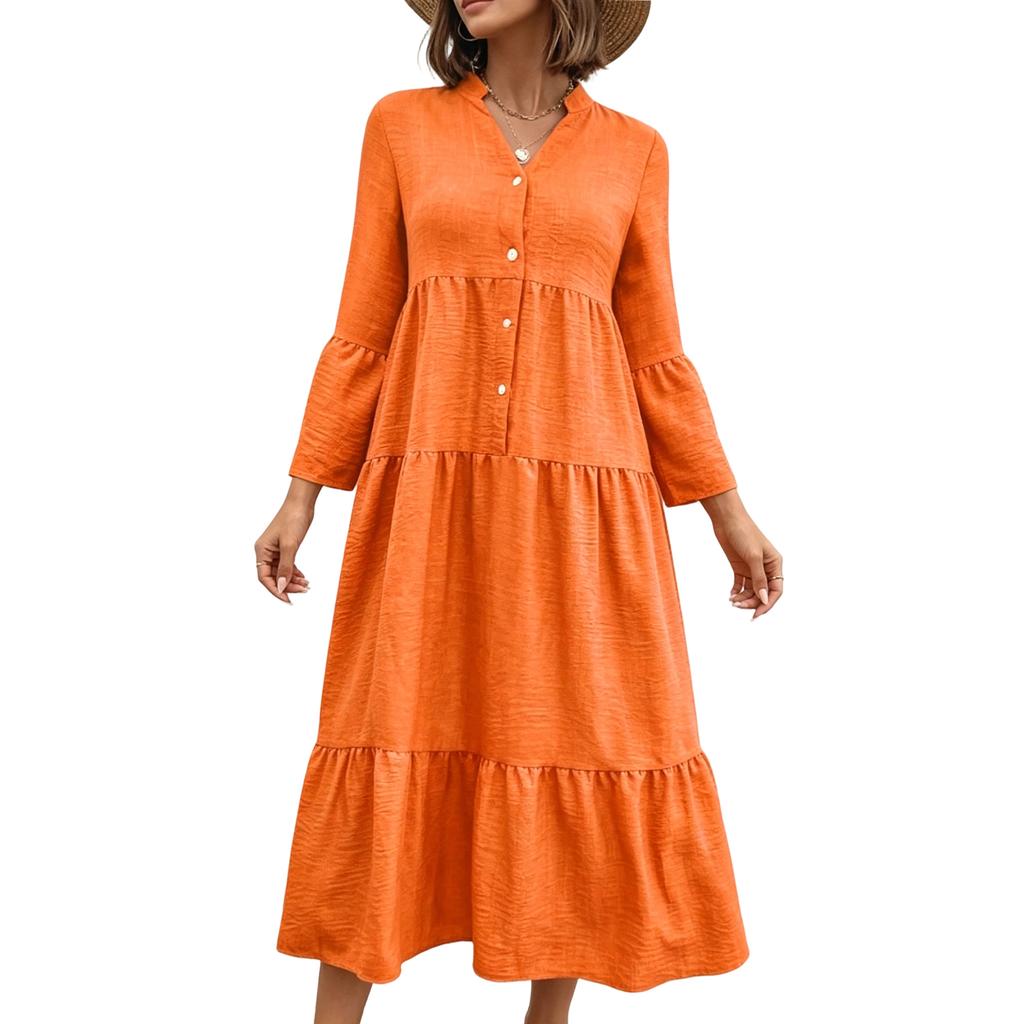 Damen Herbst Langarm Maxi Kleid V-Ausschnitt Aushöhlung Öse A-Linie Lang Lässig Partykleider