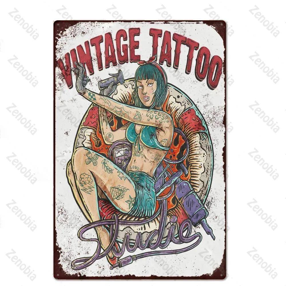 Affiche Métal Tatouage Plaque Métal Décor Boutique de Tatouage Plaque Décorative en Fer Décoration Murale Plaque en Étain Shabby Chic