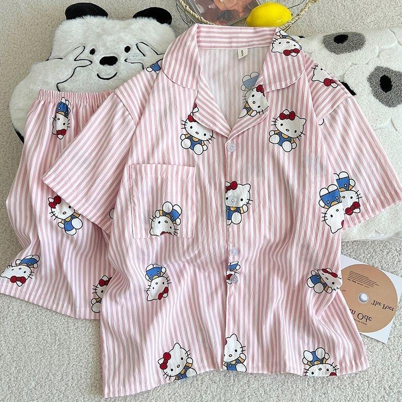 

Cute powder pattern kitten pajamas summer women s new short-sleeved shorts summer Korean version thin loungewear two-piece set S [recommendation 35-40kg]