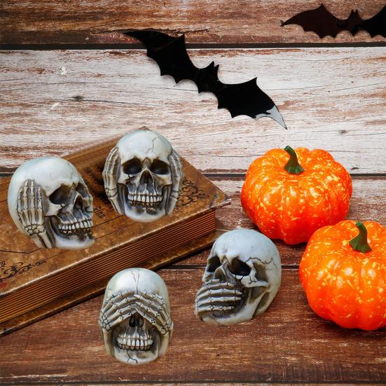 Halloween Skull Figurine See Speak Hear No Evil Resin Skeleton Head Realistic Human Skull Model Statue for Bar Home Table Decor