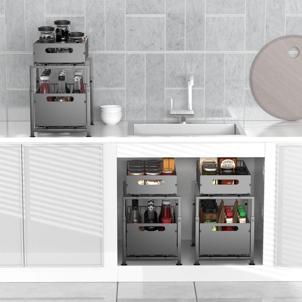Adjustable Kitchen Sink Storage Rack with Pull-out Shelves