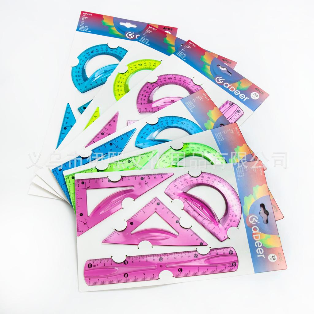 Colorful 4-Piece Ruler Set: 20/30cm, Triangle, Protractor, Straight Ruler