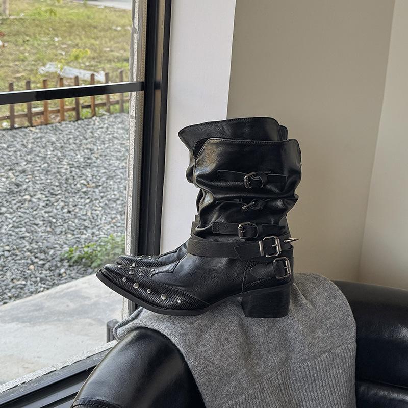 Super fire short boots pointed thick heel spring rivet stacking boots v mouth western cowboy martin boots female british style