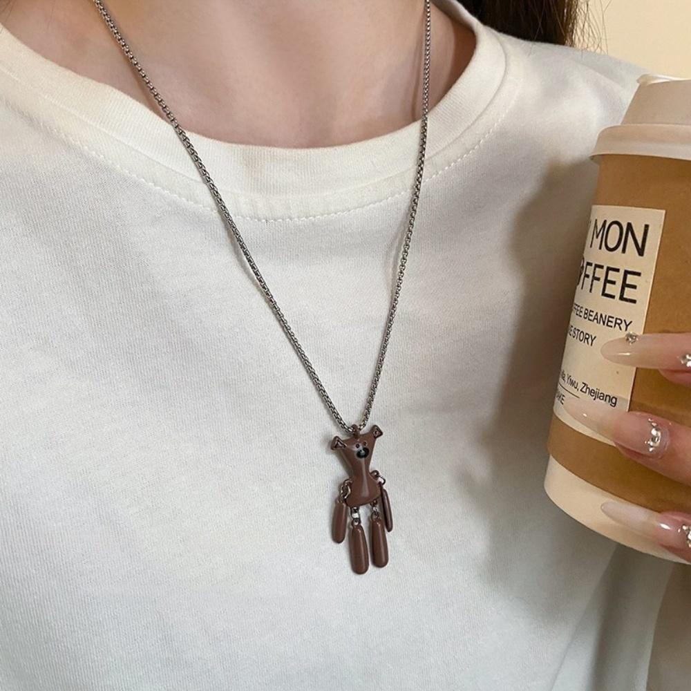 Autumn and Winter Coffee Colored Teddy Bear Sweatshirt Necklace with Hip Hop Design Niche Long Titanium Steel Sweater Chain New