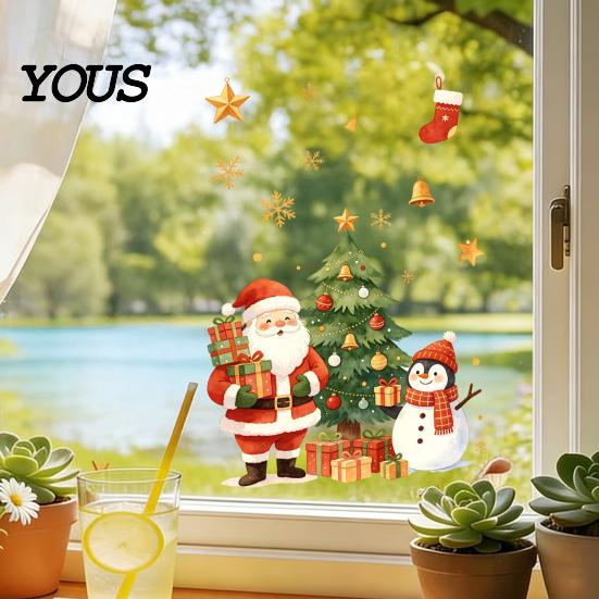 Indoor Outdoor Holiday Accents Cartoon Christmas Window Sticker, Removable Santa Snowman Tree Decal, Waterproof PVC Ornaments Static Cling Sticker