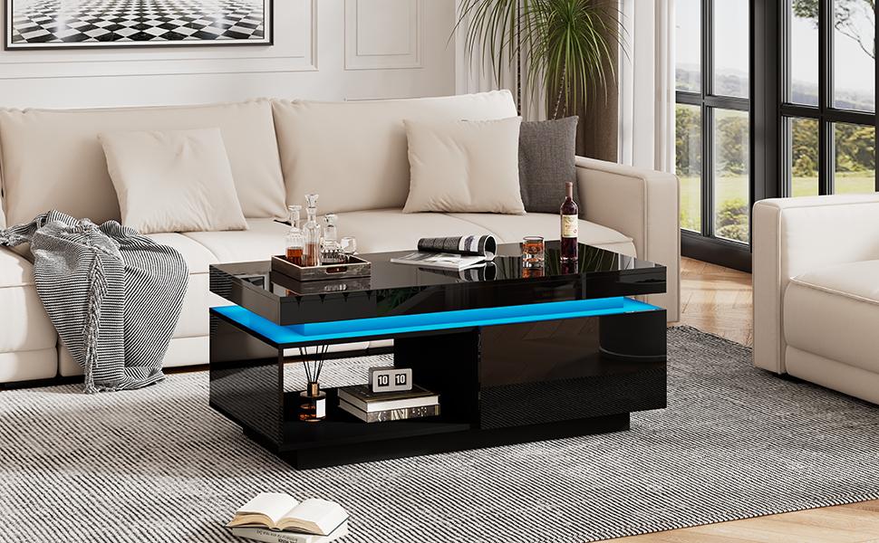 Modern High-gloss Coffee Table with LED Lighting, 100x50x40.3 Cm – Elegant Table with Drawer and 50 Kg Load Capacity