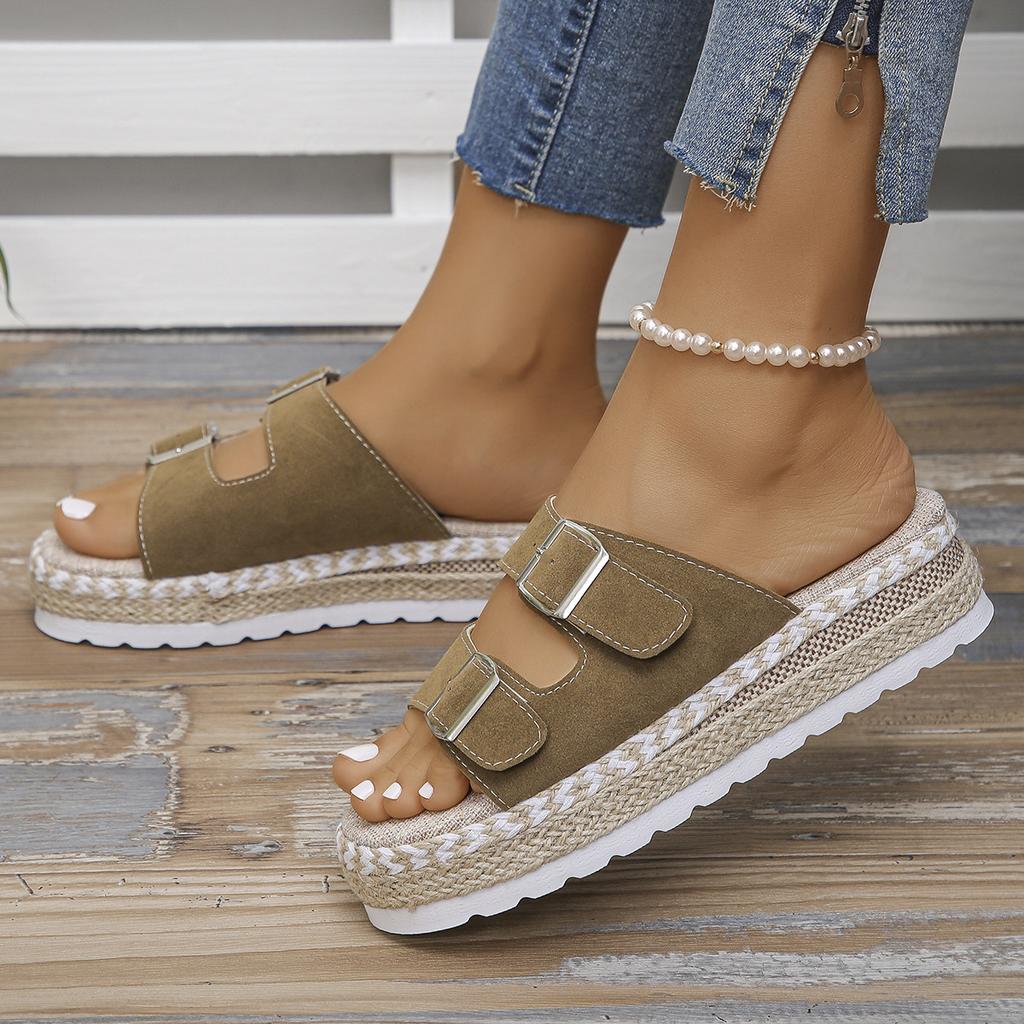 Large size belt buckle slippers women's outer wear 2025 summer retro thick-soled hemp rope lazy casual sandals