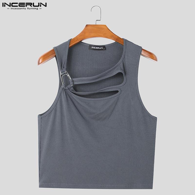 INCERUN Pánské letní bez rukávů s nepravidelnými výřezy, strečové žebrované krátké tílka