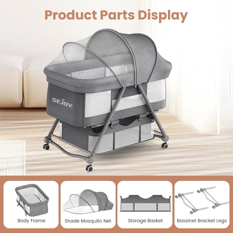 Baby Grab-and-go Travel Cot Crib , Rocking Crib Convertible ulti-function folding With Mosquito Net & Mattress & Silent Wheels