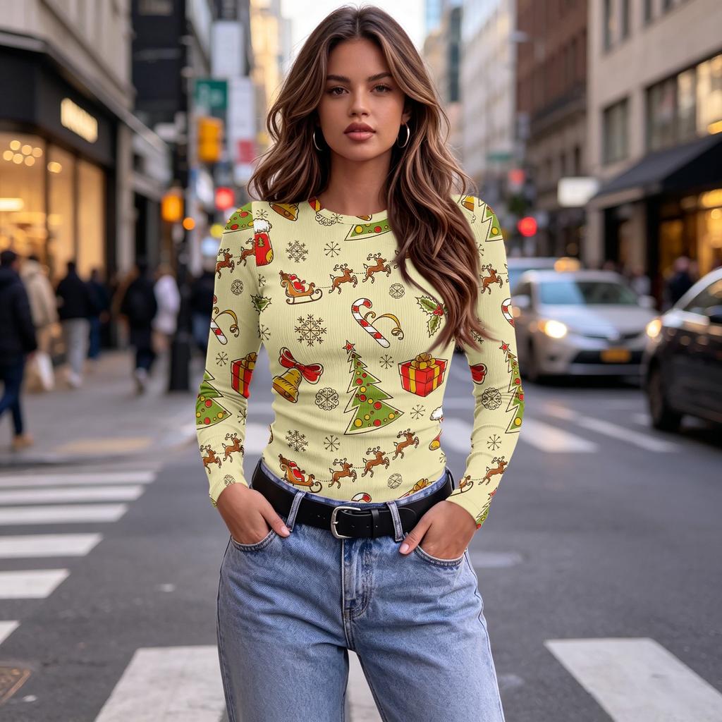 Women's Slim Fit Christmas Print Long Sleeve Round Neck T-Shirt for Holiday Party and Casual Wear