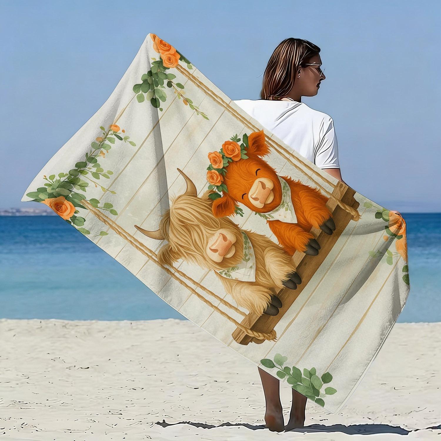 Lang Pattong White Theme Of Scottish Highland Cattle Polyester Microfiber Beach Towel Is Highly Absorbent, Suitable For Swimming And Beach Outings