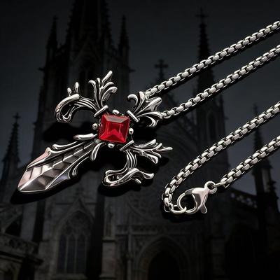 Gothic Style Design Red Stone Cross Pendant Necklace for Men Women Goth Jewelry Accessory Gifts