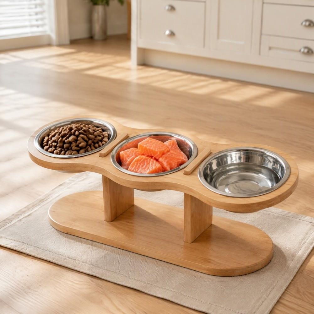 Neck-Protecting Pet High Footed Bowl Detachable Cat Food Water Bowl Wood Stand Feeder  Indoor Use