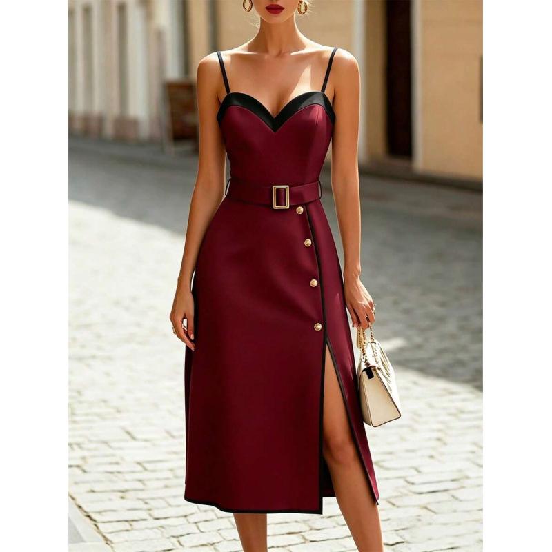 European summer new contrasting color button design elegant temperament backless sleeveless suspender dress