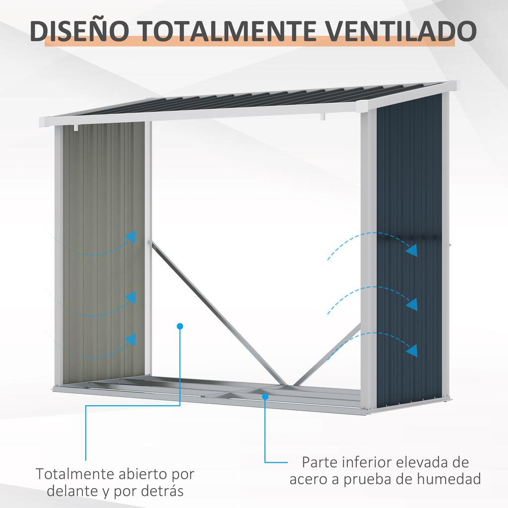 Log Storage Shed, Galvanized Steel, Sloped Roof, 185 x 84 x 133.5/148.5 cm, Grey