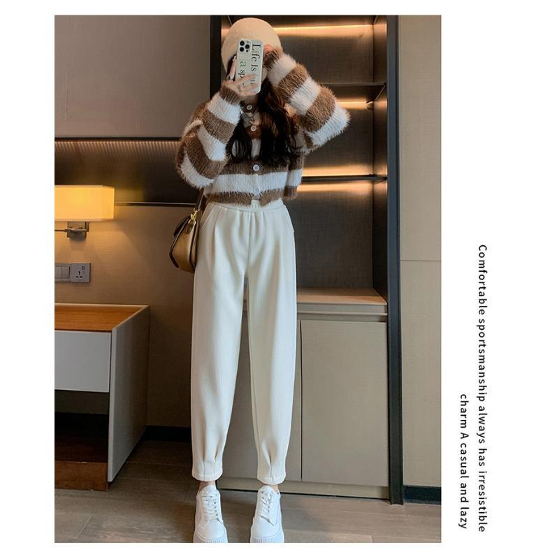 Höst Vinter Elastisk Midja Enfärgad Lös Ledig Haremsbyxa Dam Enkel Allmatch Sammet Varma Byxor