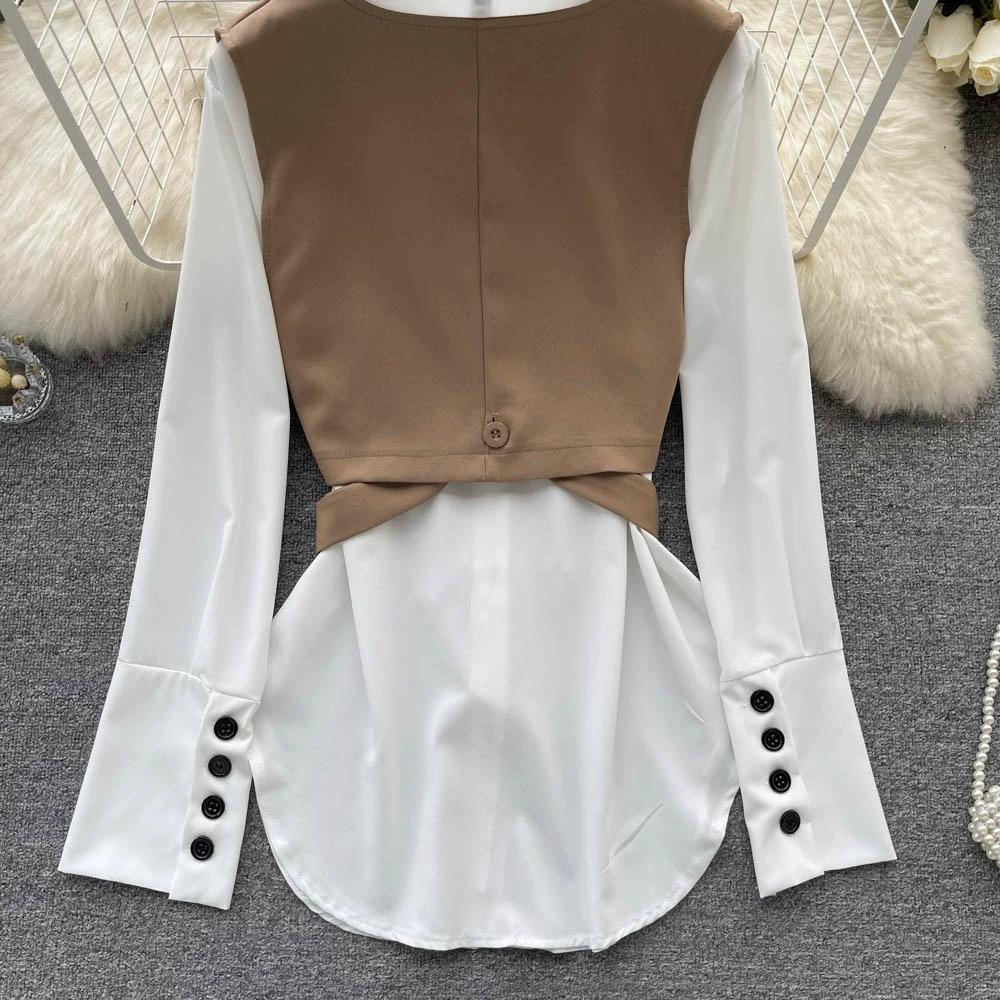 Hochwertiger zweiteiliger Anzug, Damen Herbstmode, Ausländischer Stil, Modisches Layering, Kurzes Westentop, Weißes langärmeliges Hemd