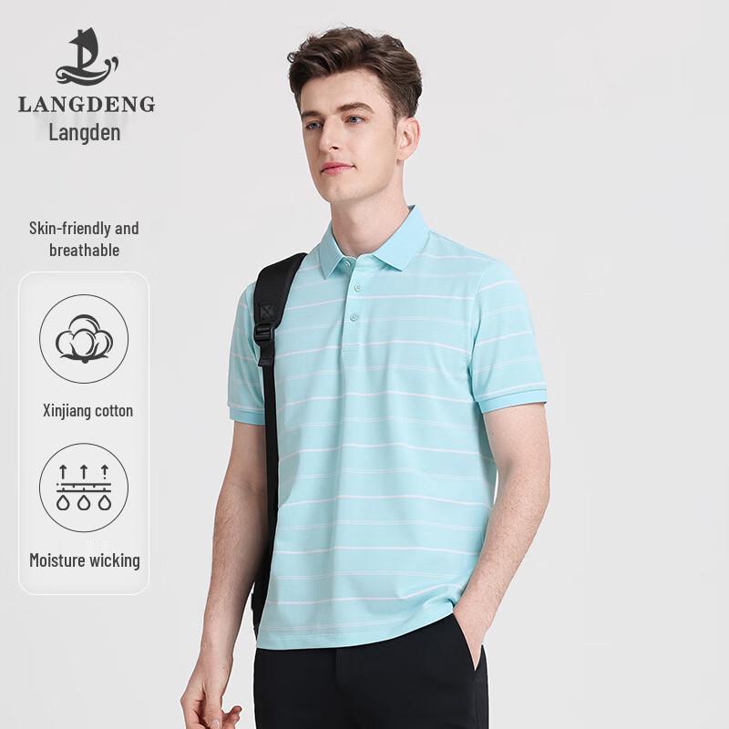 Langdeng Men s Long-Staple Cotton Striped Polo Shirt L