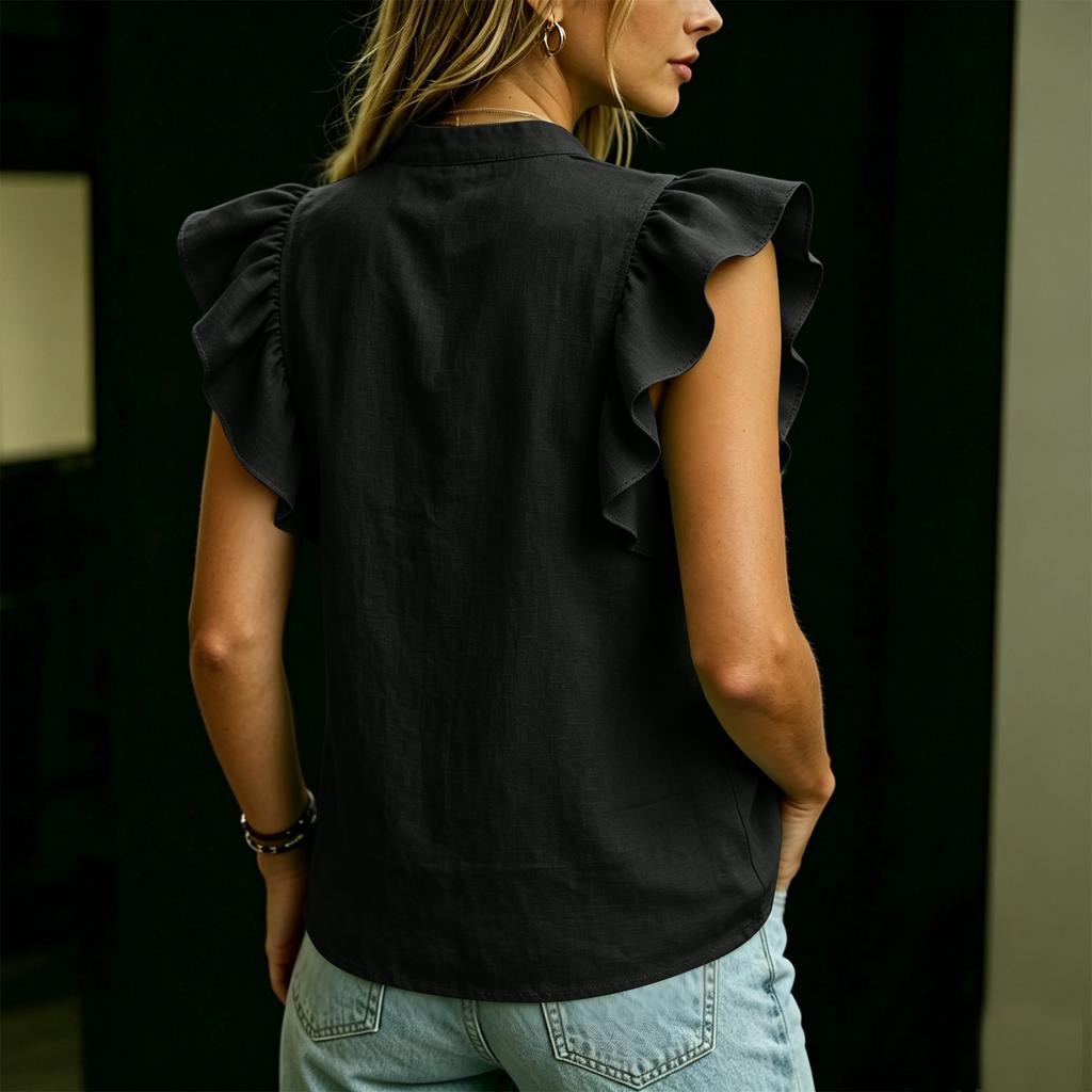 Women's Casual V-Neck Ruffle Sleeveless Top Color for Everyday Wear