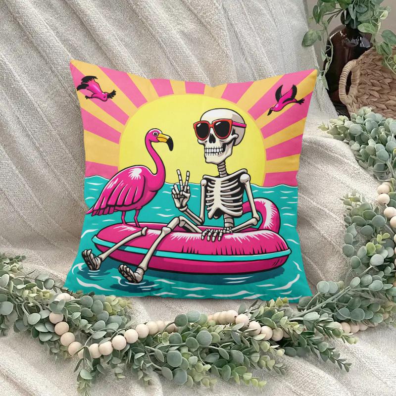 Fun Skeleton And Flamingo Pillow Cover 2D Printed Polyester Sofa Cushion Cover-For Beach, Camping And Home Decor