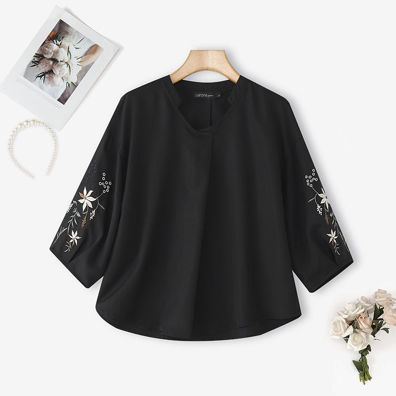 ZANZEA Women Casual V-Neck Floral Print Splice 3/4 Sleeve Blouse