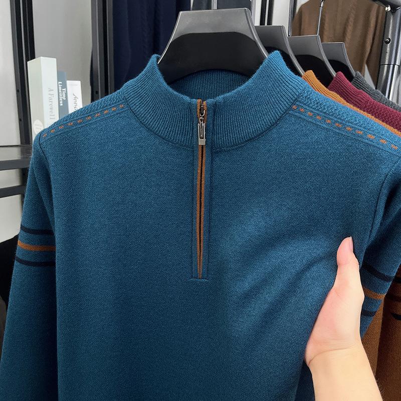 Winter Thickened Zipper Knitted Sweater Semi-Turtleneck Men'S Casual Business Bottom Sweater