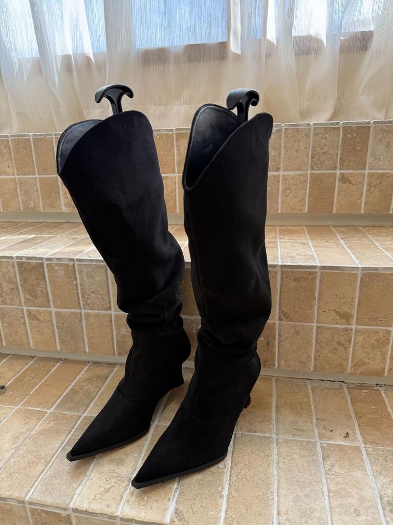 Wedge heel pointed khaki stack boots tall knight boots women's shoes 2025 new spring and autumn winter thin long boots