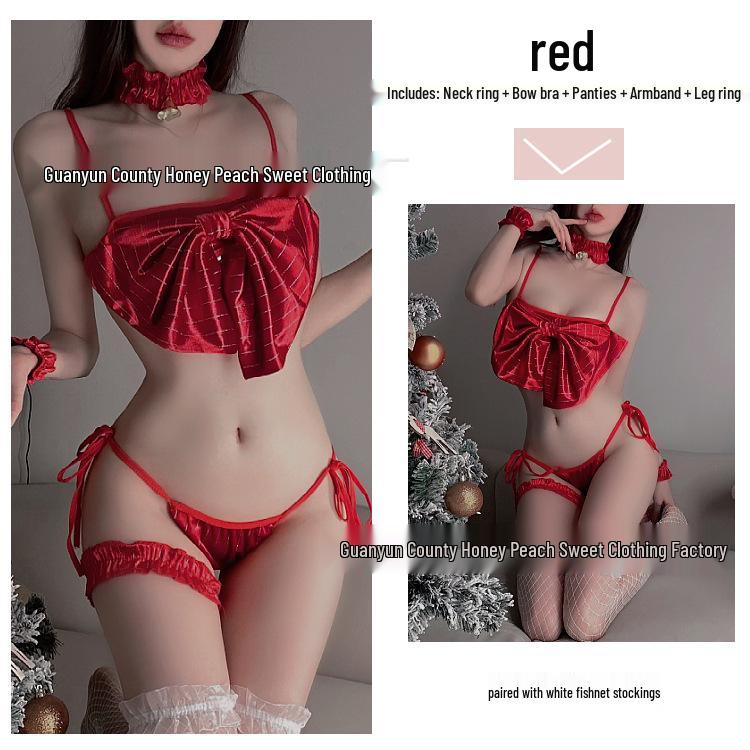 Festive Lace-Up Bowknot Lingerie Set - Sexy Three-Piece Sleepwear for Autumn/Winter