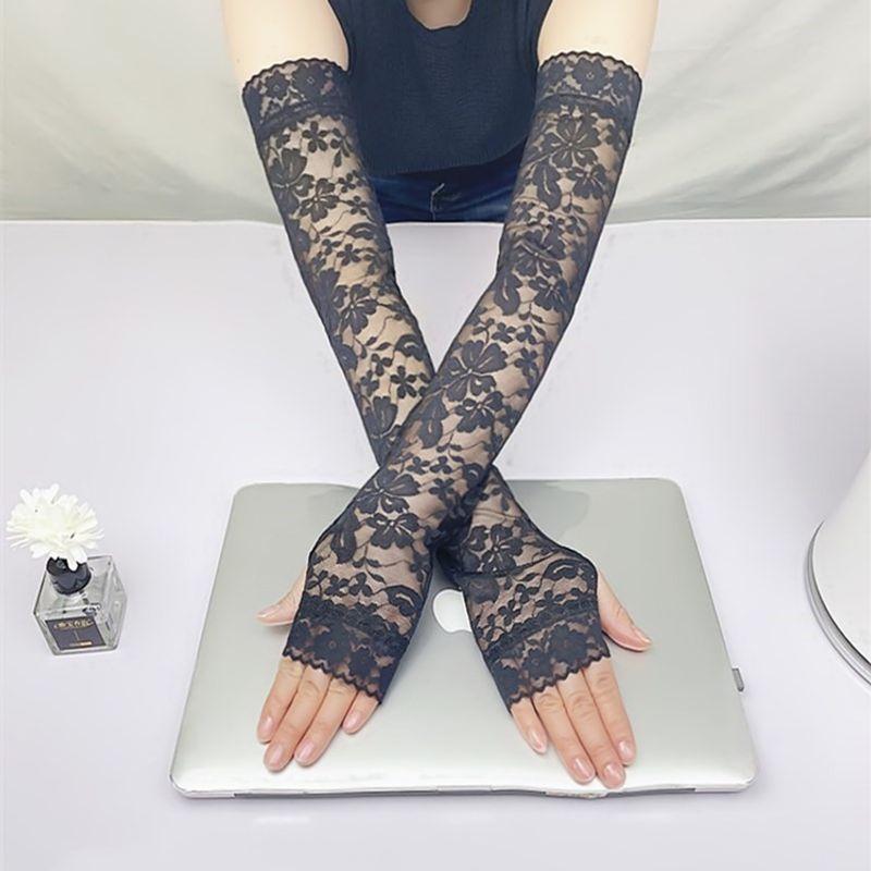 

Boutique Lace Long Half Finger Lace Gloves Sexy Scar Cover up Tattoo Cycling and Driving UV Protection Fingerless Gloves Black One size