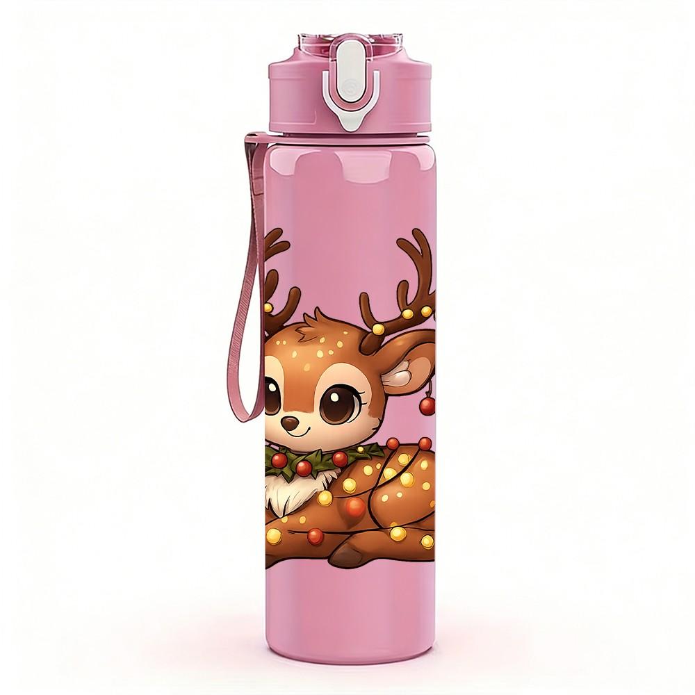 1PC Christmas Cute Deer 750ml Color Plastic Sports Water Bottle Leakproof Flip Straw Lid Suitable for Sports Office Home Use