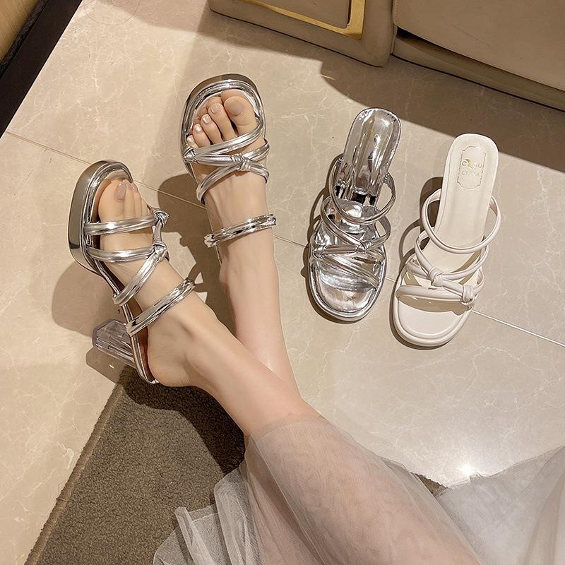 High heels women's summer new transparent one-word strap crystal heel slippers round head waterproof table outer slippers