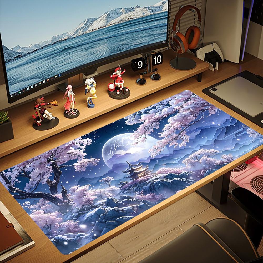 Tapis de Souris XXL Sakura Violet Pleine Lune Pagode Orientale Portail Torii Lac de Montagne Tapis de Jeu Antidérapant Pour Décoration de Bureau
