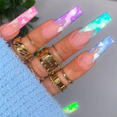 Press On Nails With Designs Long Rainbow Heart Nail False Nail With Sticker Glue French Peach Heart Cotton Cloud Arcrylic Nail Tips