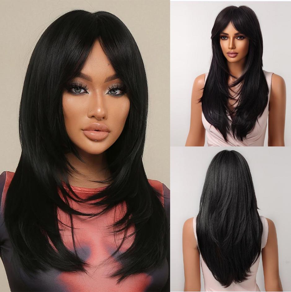 Long Wavy Layered Black-Brown Shoulder-Length Wigs With Bangs Heat Resistant Synthetic Wigs for Women Cosplay Daily Natural Wigs