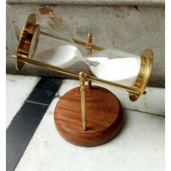Antique Solid Brass Revolving 5 Minute Hanging Nautical Sand Timer Decor Wooden