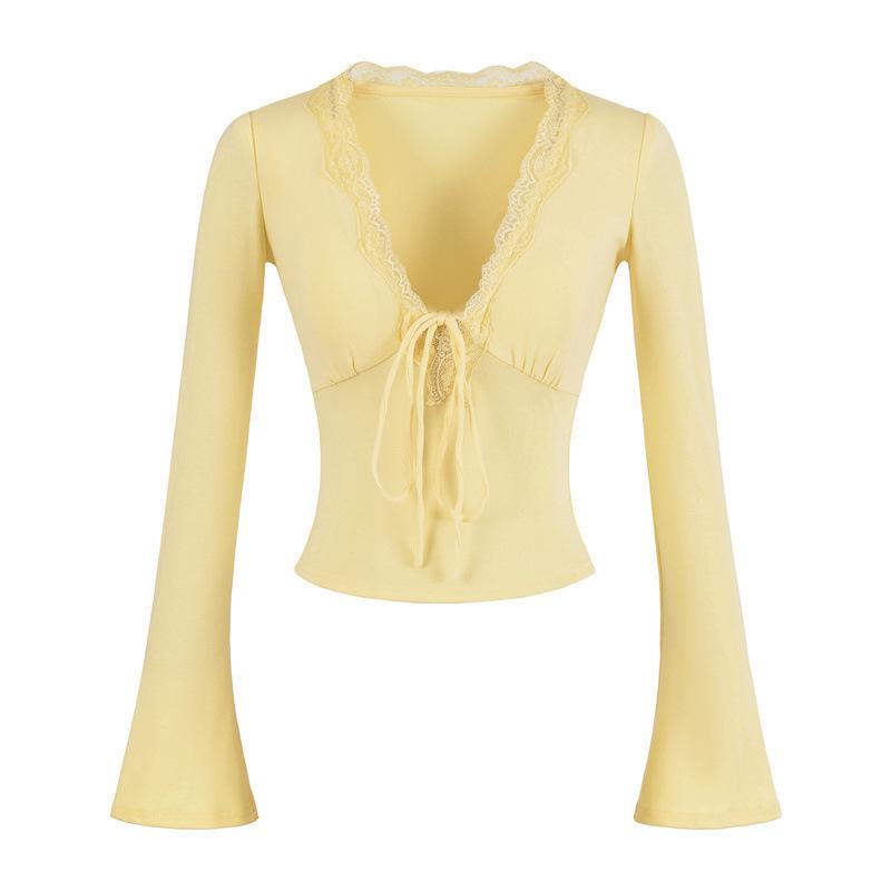 Women's Long Sleeve Lace Trim V-Neck Bell Sleeve Slim Fit Top for Autumn/Winter