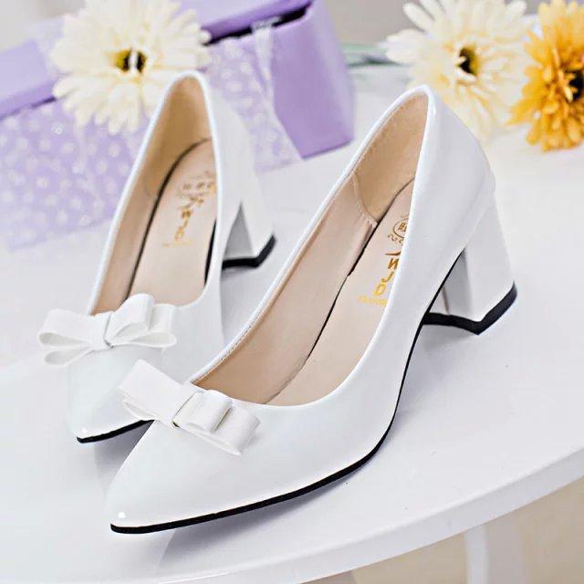 

Autumn new pointed head shallow mouth single shoes thick heel shoes bow women s large and small size women s shoes small leather shoes 34 белый