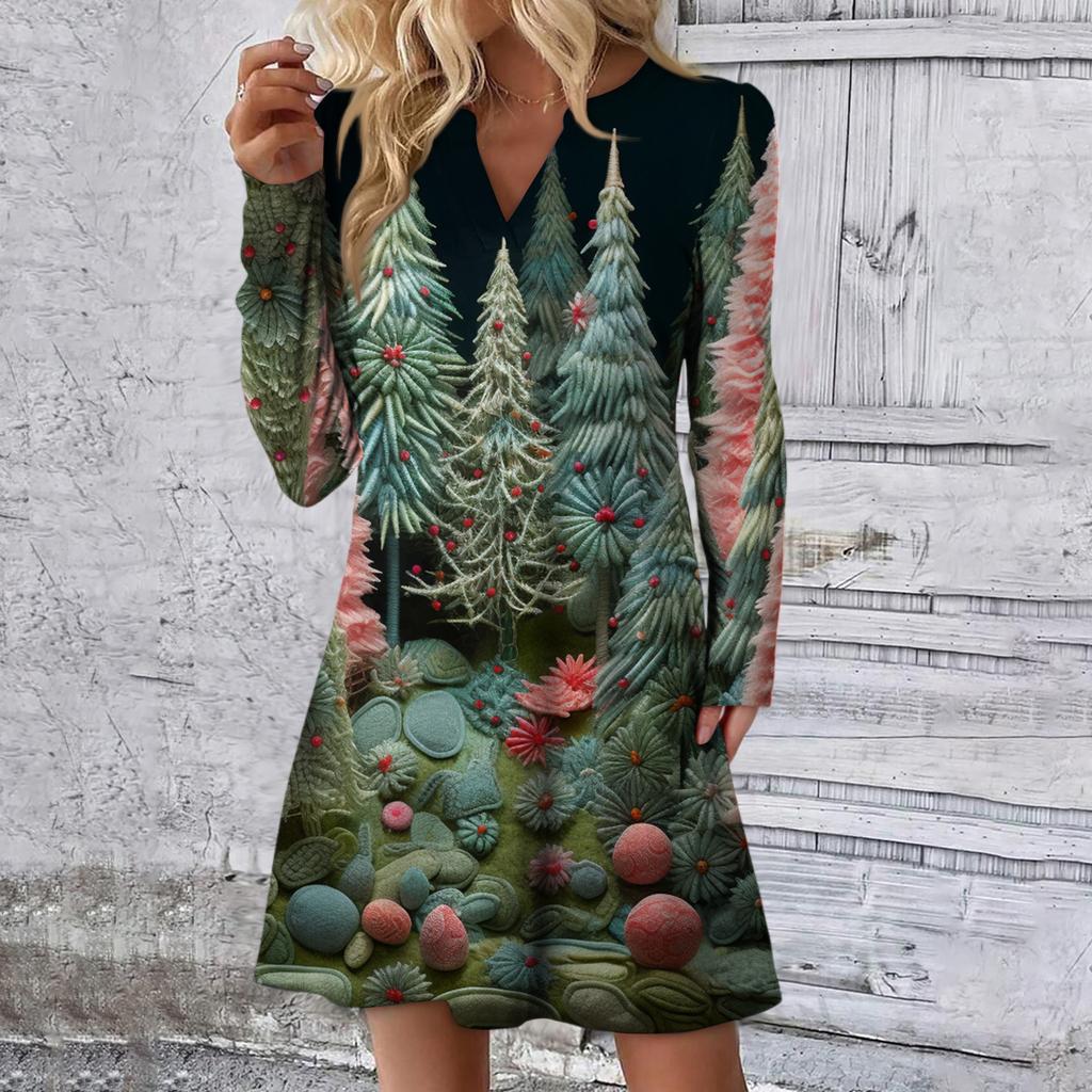 Women's Christmas Printed Dress Loose V-neck Casual Long Sleeved Dress