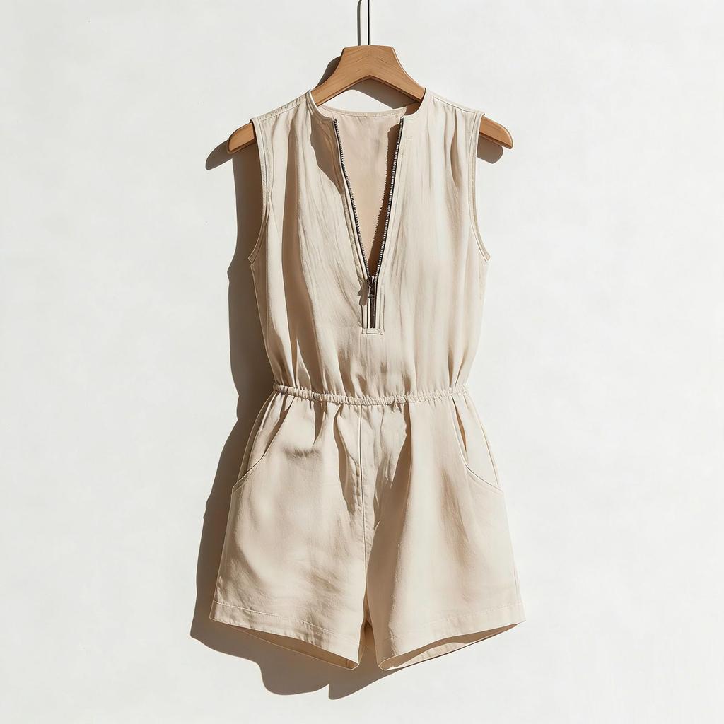 Women's Sleeveless V-Neck Zip Pocket Jumpsuit - Color Casual Loose Romper for Summer, Beach, Travel