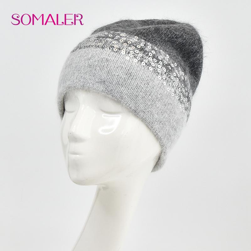 SOMALER Winter Hats for Women Warm Angora Wool Knitted Hat Fashion Sequin Beanie Hat Thick Long Rabbit Fur Hair  Skull Cap Bonnet