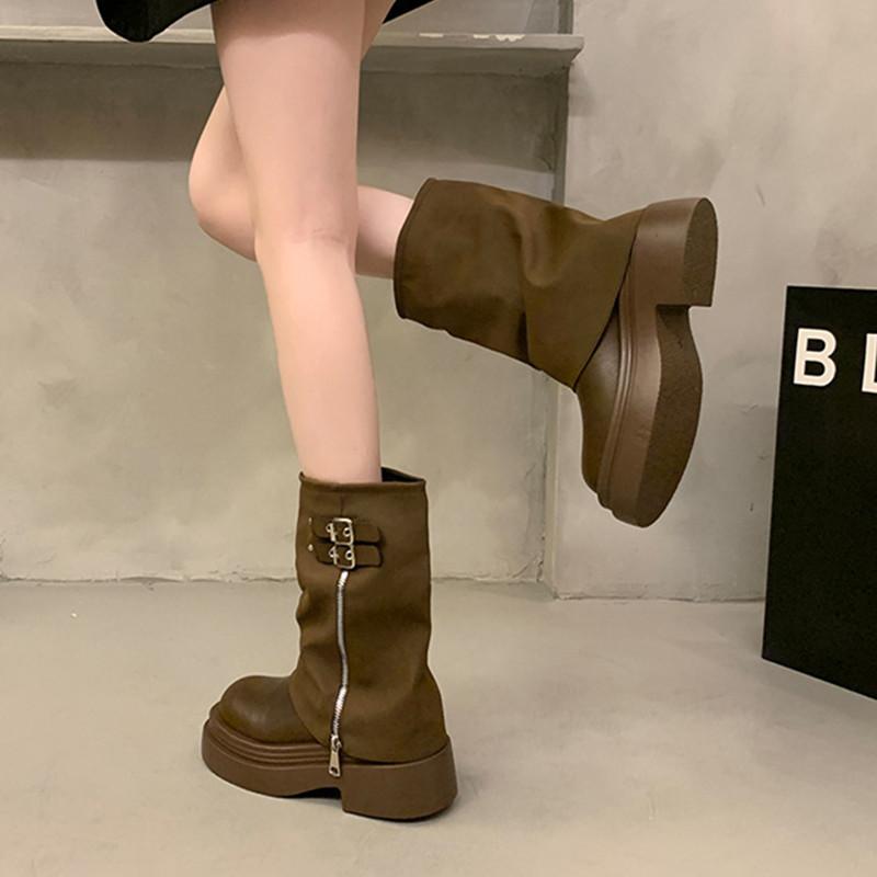 Fashion Thick Bottom Platform Boots Women 2024 New Pantyhose Cowboy Boots Zip Belt Buckle Design Boots for Women PU Leather Ankle Boots