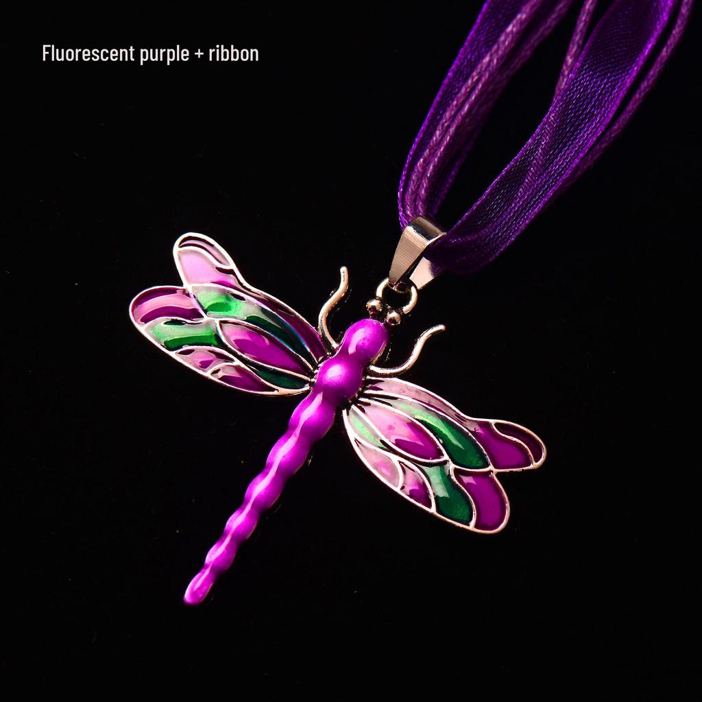Silver Dragonfly Necklace with Luminous Butterfly - Retro Forest-Inspired