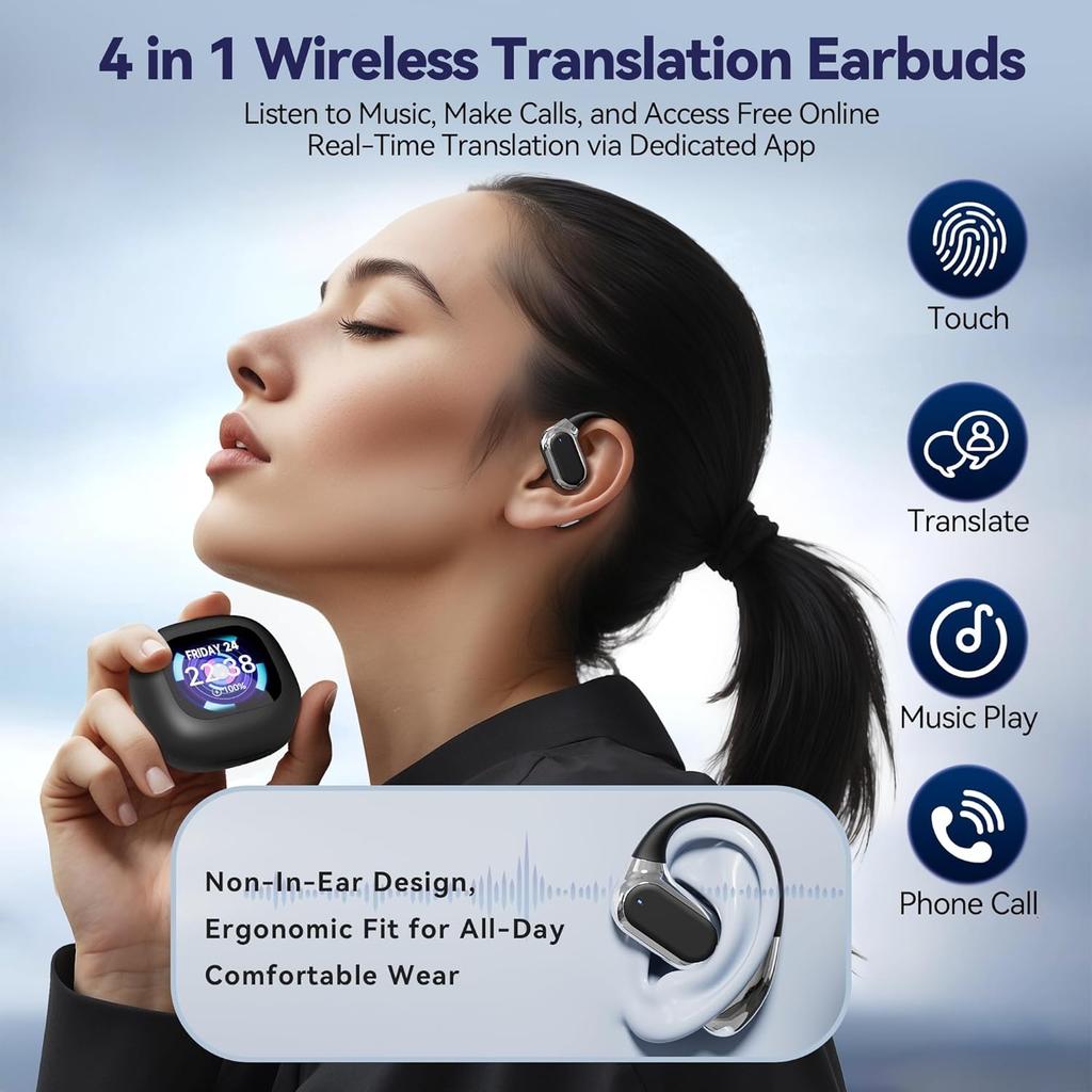 AI Språkoversettelse Ørepropper Bluetooth 5.49 Hodetelefoner Oversetter for 144 Språk & Aksenter Berøringsskjerm Øretelefoner for Reise Forretninger Læring